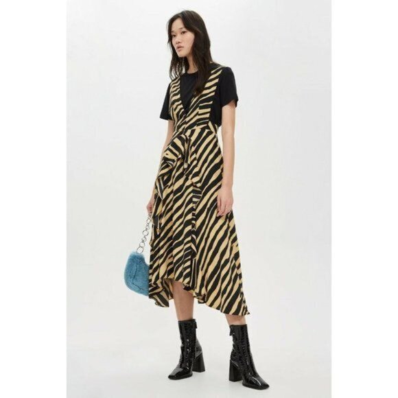Topshop Dresses & Skirts - TOPSHOP Midi Dress Zebra Print Striped Pinafore V Neck Dress SZ 6 NEW